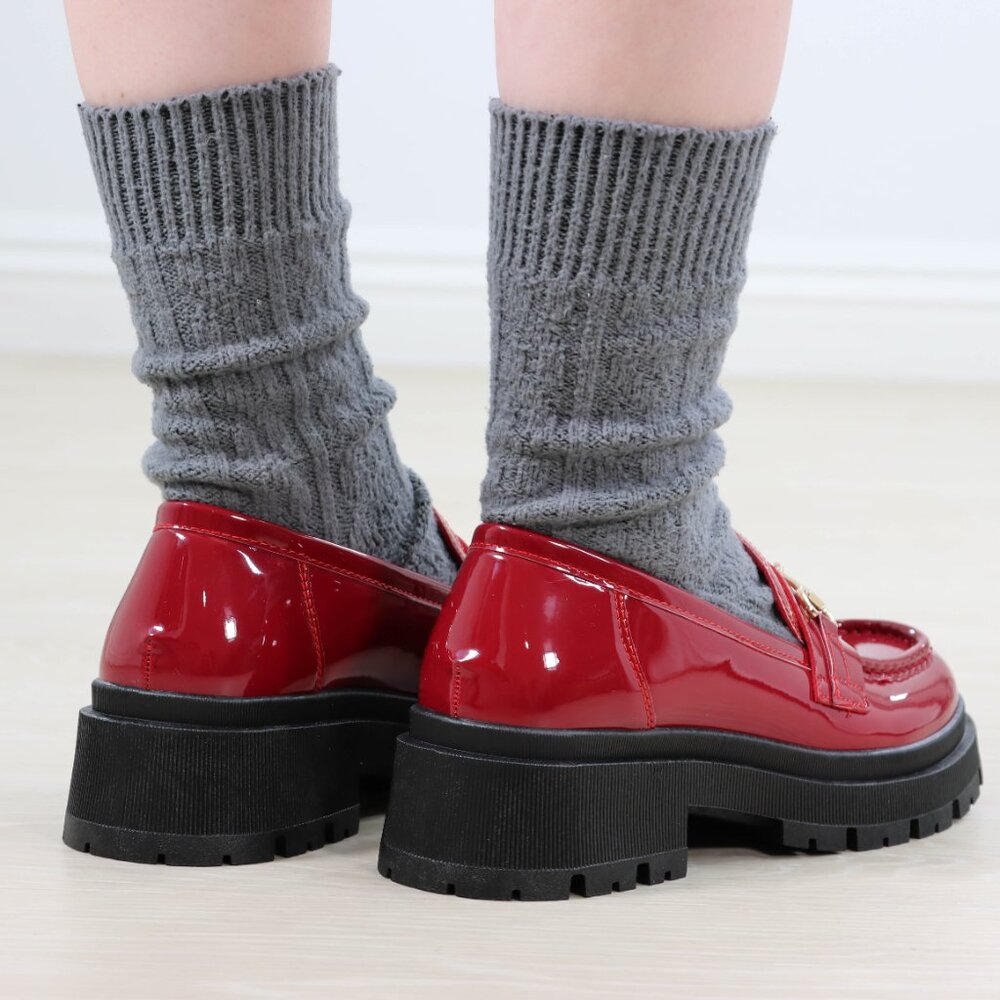 Red Patent Horsebit Loafers Chunky Platform Lug Sole Slip-Ons Grunge 90s Vibes - Picture 11 of 16